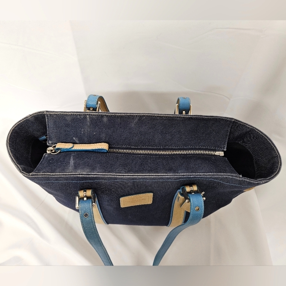 Coach Denim Hampton Large Tote Bag, Tan Blue Leather Handles - Picture 13 of 16
